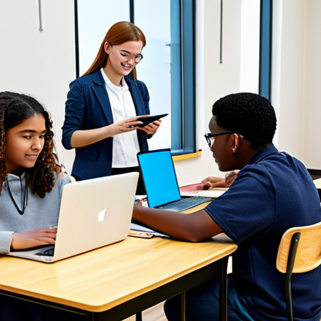 A group of diverse students, fully clothed in appropriate attire and modest clothing, actively engaged in a modern, bright hybrid learning environment. Some students are collaborating in small groups at tables, while others are connected virtually through laptops and a large interactive screen, showing seamless digital integration and personalized learning. The atmosphere is positive and focused. Perfect anatomy, correct proportions, natural poses, well-formed hands, proper finger count, natural body proportions. Professional photography, high quality, safe for work, appropriate content, family-friendly.