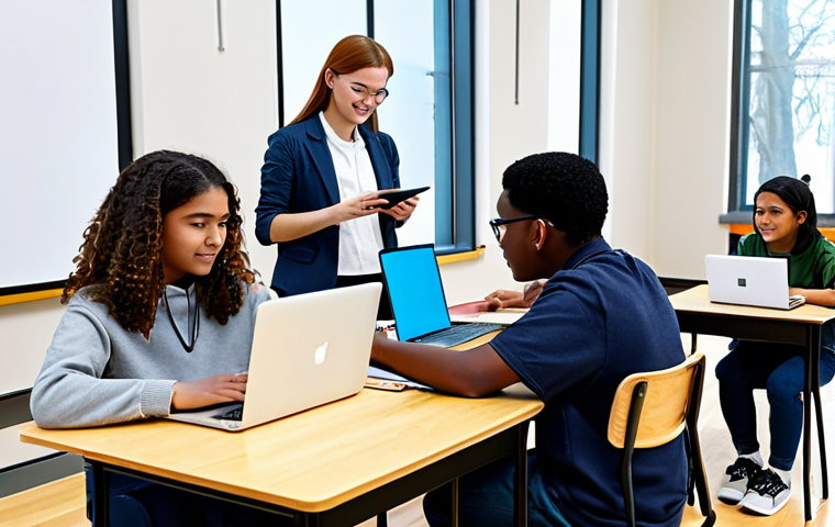 A group of diverse students, fully clothed in appropriate attire and modest clothing, actively engaged in a modern, bright hybrid learning environment. Some students are collaborating in small groups at tables, while others are connected virtually through laptops and a large interactive screen, showing seamless digital integration and personalized learning. The atmosphere is positive and focused. Perfect anatomy, correct proportions, natural poses, well-formed hands, proper finger count, natural body proportions. Professional photography, high quality, safe for work, appropriate content, family-friendly.