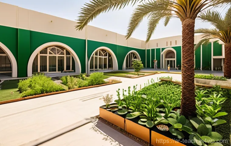 교육의 지속 가능성  사례 연구 - **Prompt:** A vibrant, futuristic green school campus in an Arabian city, bathed in warm, natural su...
