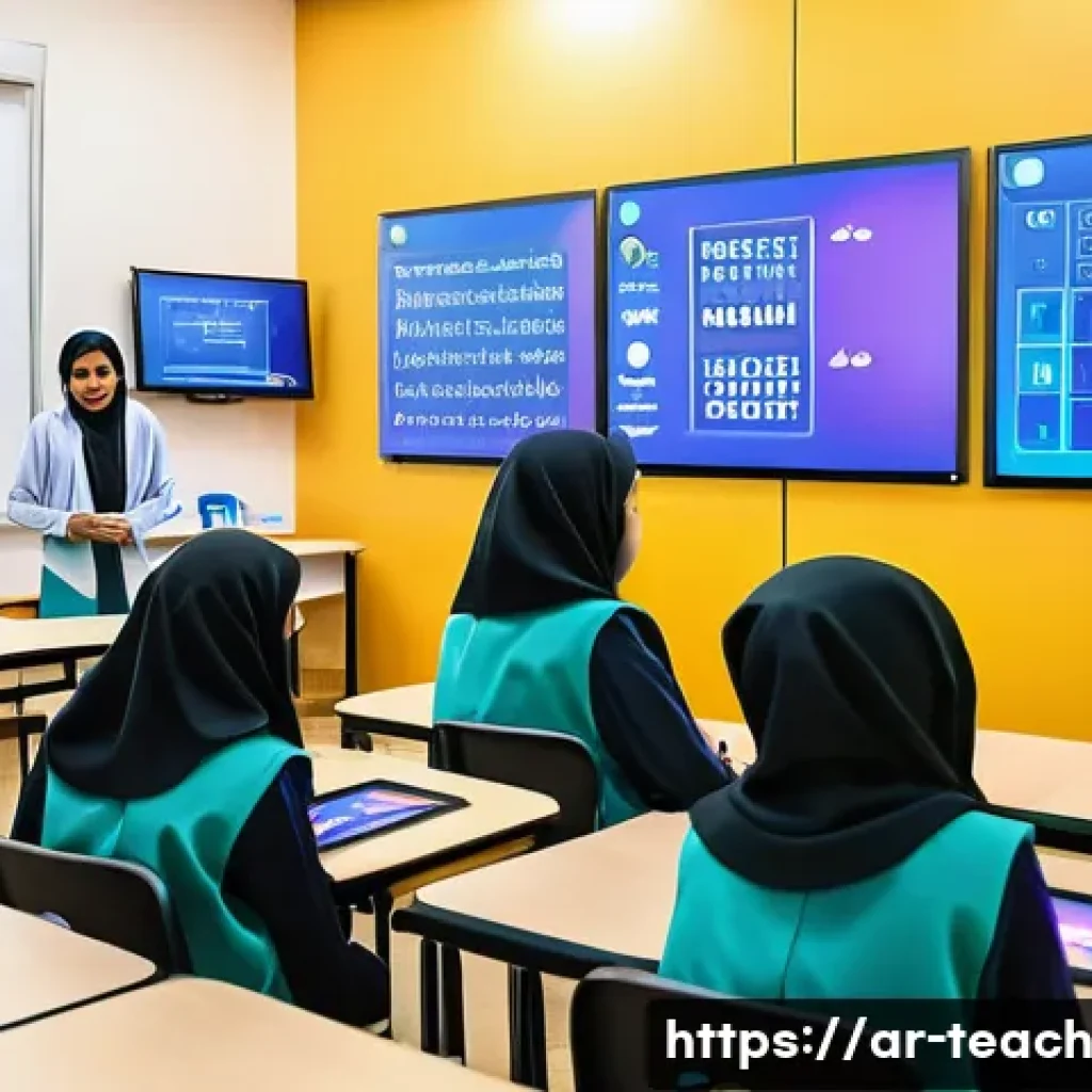 학교 교육과정의 혁신 사례 - A vibrant classroom scene in a modern Middle Eastern school where young Arab students, wearing modes...