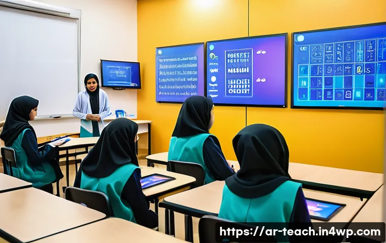 학교 교육과정의 혁신 사례 - A vibrant classroom scene in a modern Middle Eastern school where young Arab students, wearing modes...