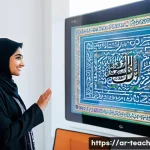 Home 22 학습 관리 시스템 LMS 의 선택 기준 - A modern educational technology office setting in a Middle Eastern context, showing an Arabic-speaki...