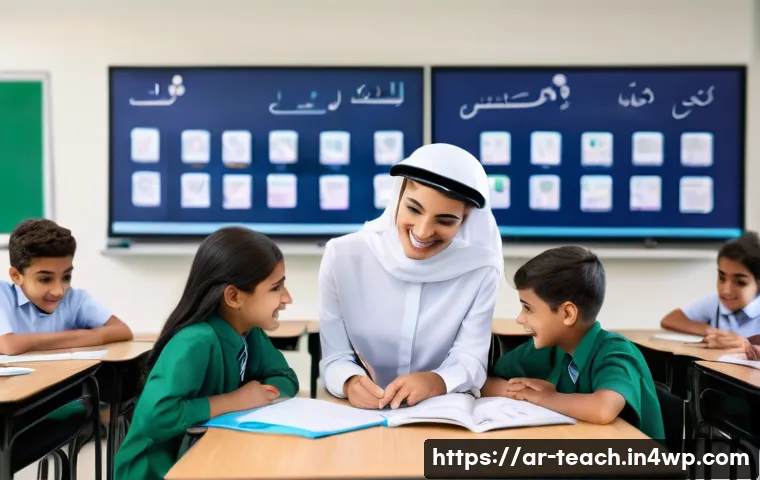 미래 교육에서의 윤리적 고려사항 - A warm and engaging digital classroom scene set in a modern Middle Eastern school, featuring a diver...