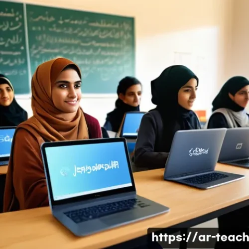 Home 32 디지털 시대의 교육 혁신 사례 - A modern classroom scene in an Arabic-speaking country featuring diverse students using adaptive AI ...