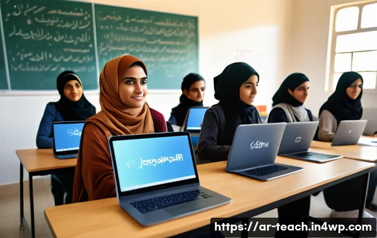디지털 시대의 교육 혁신 사례 - A modern classroom scene in an Arabic-speaking country featuring diverse students using adaptive AI ...