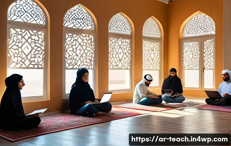 비대면 교육의 장점과 단점 - A diverse group of adult Arab students engaged in an online learning session from their homes, using...