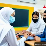 Home 18 에듀테크의 발전과 교육 패러다임 - A modern Arabic classroom scene in a vibrant Middle Eastern school featuring smart digital boards di...