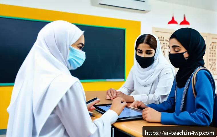 에듀테크의 발전과 교육 패러다임 - A modern Arabic classroom scene in a vibrant Middle Eastern school featuring smart digital boards di...