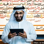 Home 23 교육 기술 스타트업 소개 - A modern Arabic smart education platform interface shown on a sleek tablet held by a young Middle Ea...
