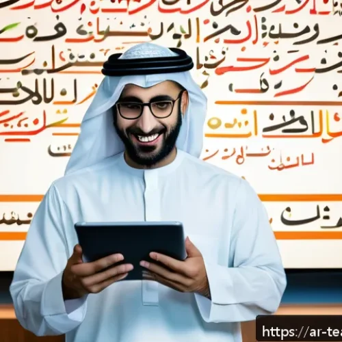 Home 17 교육 기술 스타트업 소개 - A modern Arabic smart education platform interface shown on a sleek tablet held by a young Middle Ea...